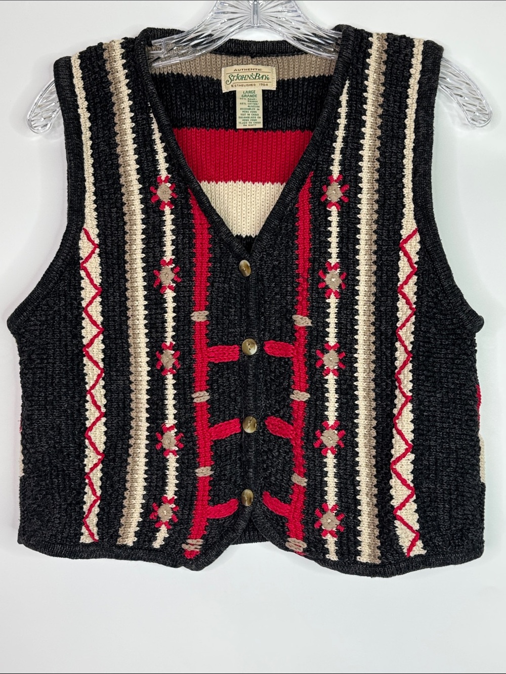 Vintage St. Johns Bay Gray Red Button Sweater Vest Large
